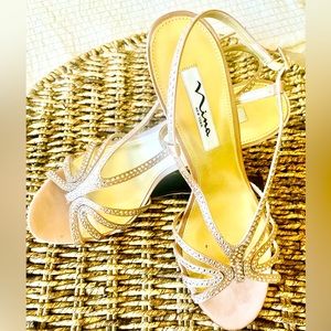 4” heeled strappy sandals with rhinestones on straps